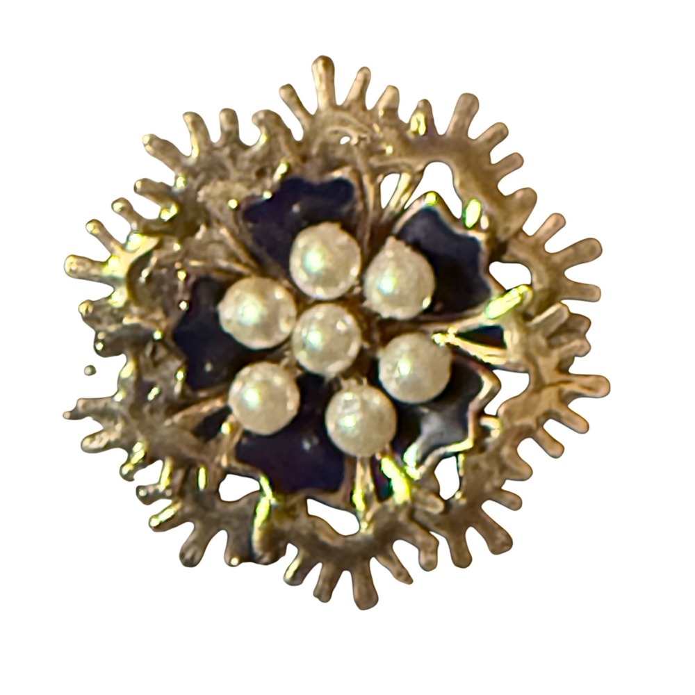 Vintage Starburst Flower Brooch Pin Faux Pearls Blue Enamel Silver Tone